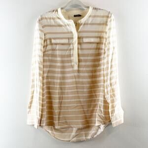 J. Mclaughlin Silk Striped Long Sleeve Button Front Blouse Tan Cream Medium